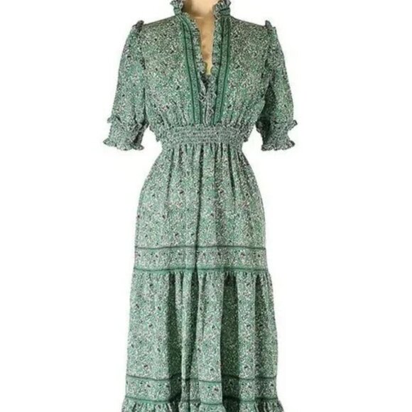 Max Studio Dresses & Skirts - Max Studio Elbow Length Sleeve Print Tiered Maxi Dress ditsy floral Green White